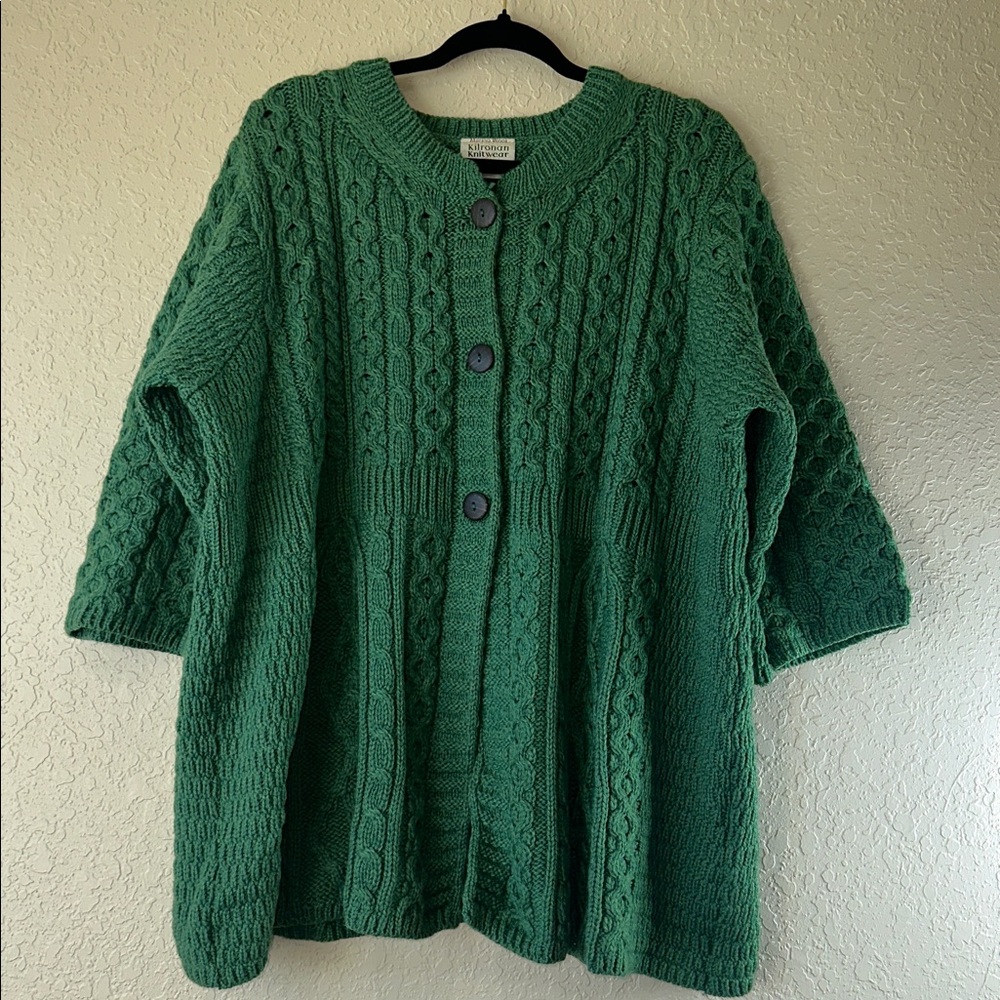 Irish Wool Cable Knit Green Cardigan Sweater